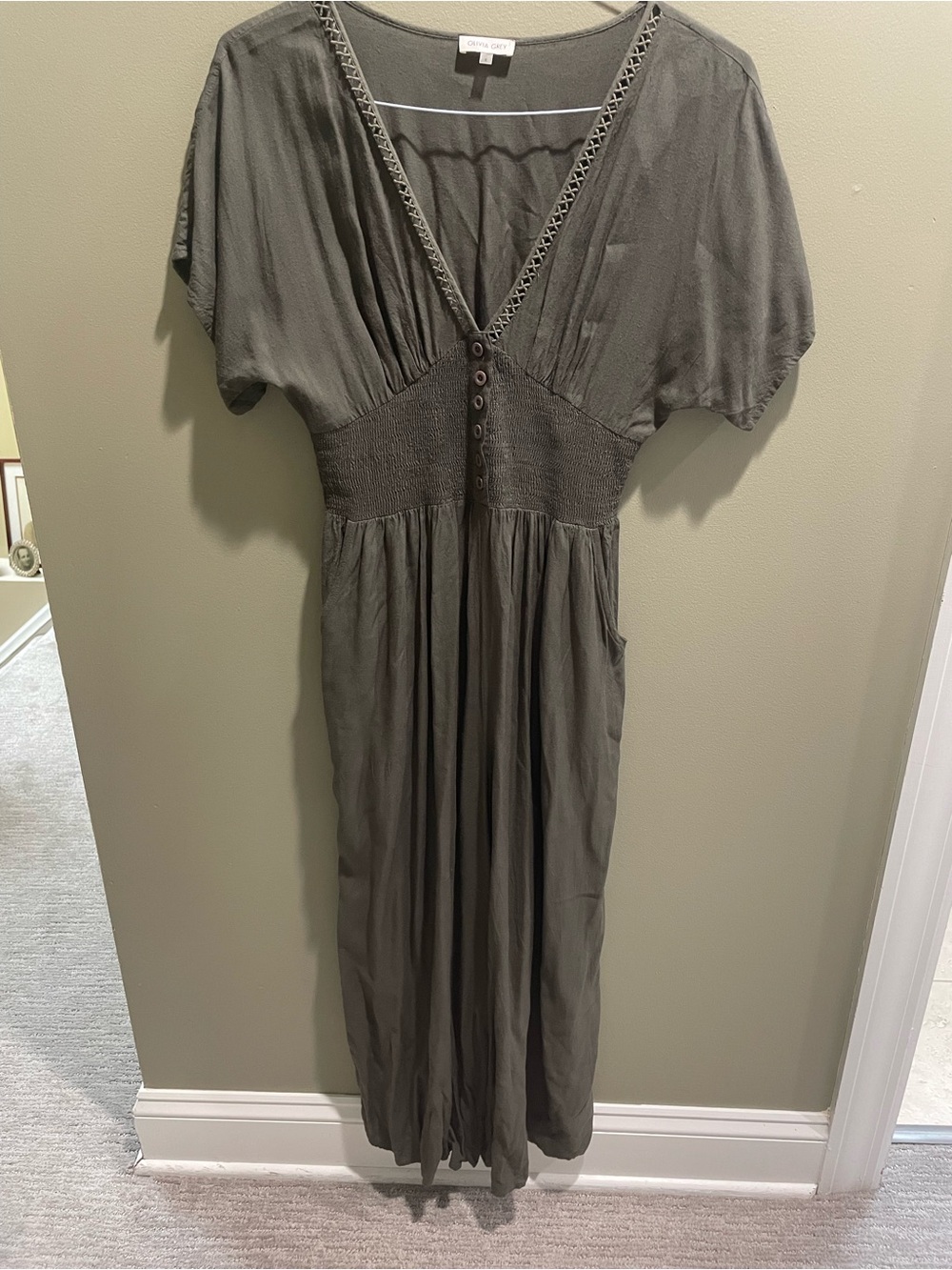 Olive Green Maxi Jumpsuit with Smocked Waist
